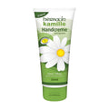 A tube of Herbacin Chamomile Hand Cream with glycerine, 100 mL size, packaging predominantly features a white and green color scheme with an image of a chamomile flower.