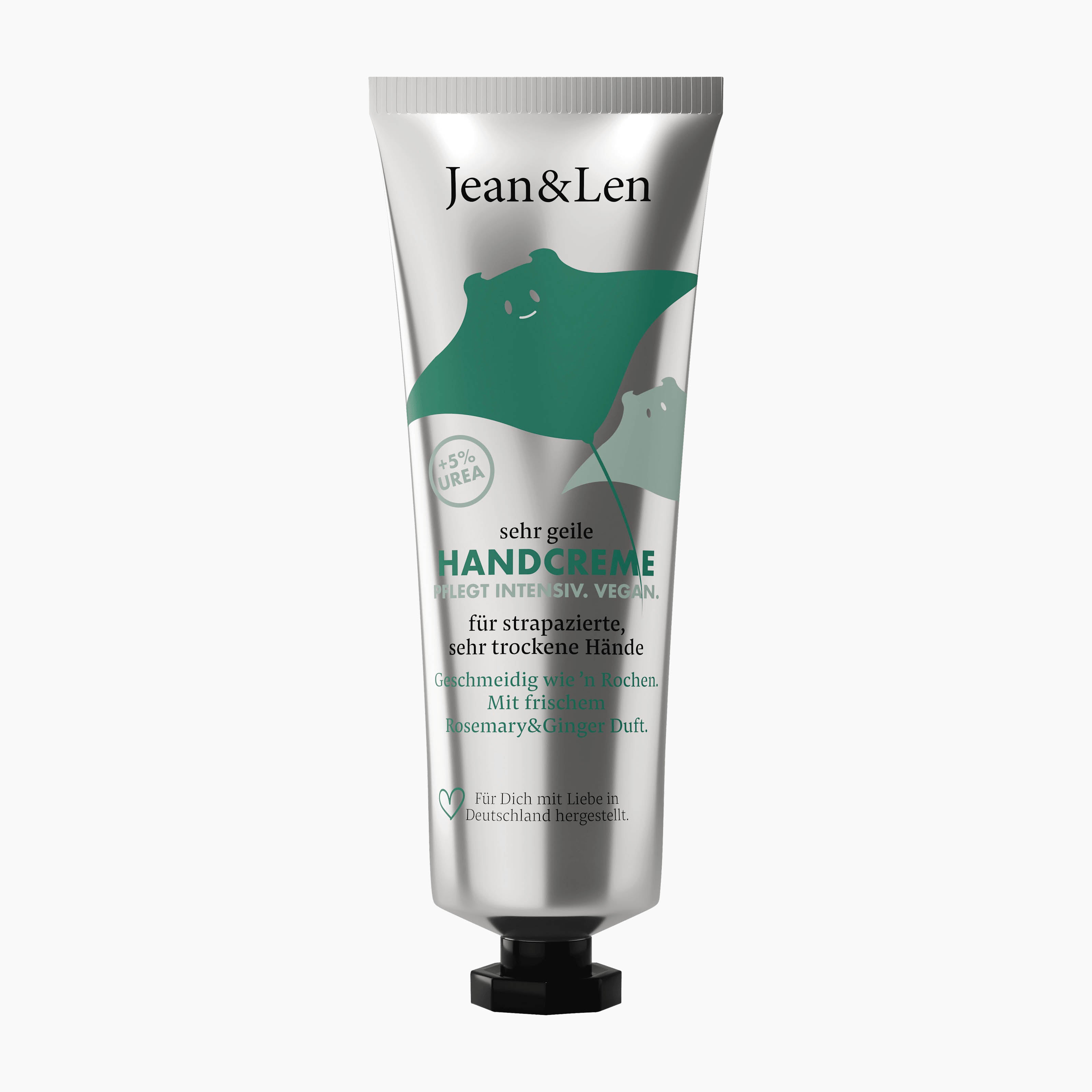 A squeeze tube of Jean&Len Amazing Rosemary & Ginger hand cream with a metallic silver body, a green manta ray graphic, and a black cap, shown on a plain light gray background.