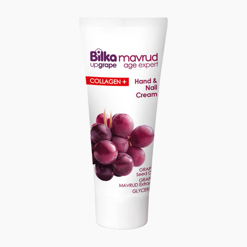 A white squeeze tube of Bilka Mavrud Up Grape Collagen+ Hand & Nail Cream, featuring a graphic of purple grapes on the front, set against a plain white background.