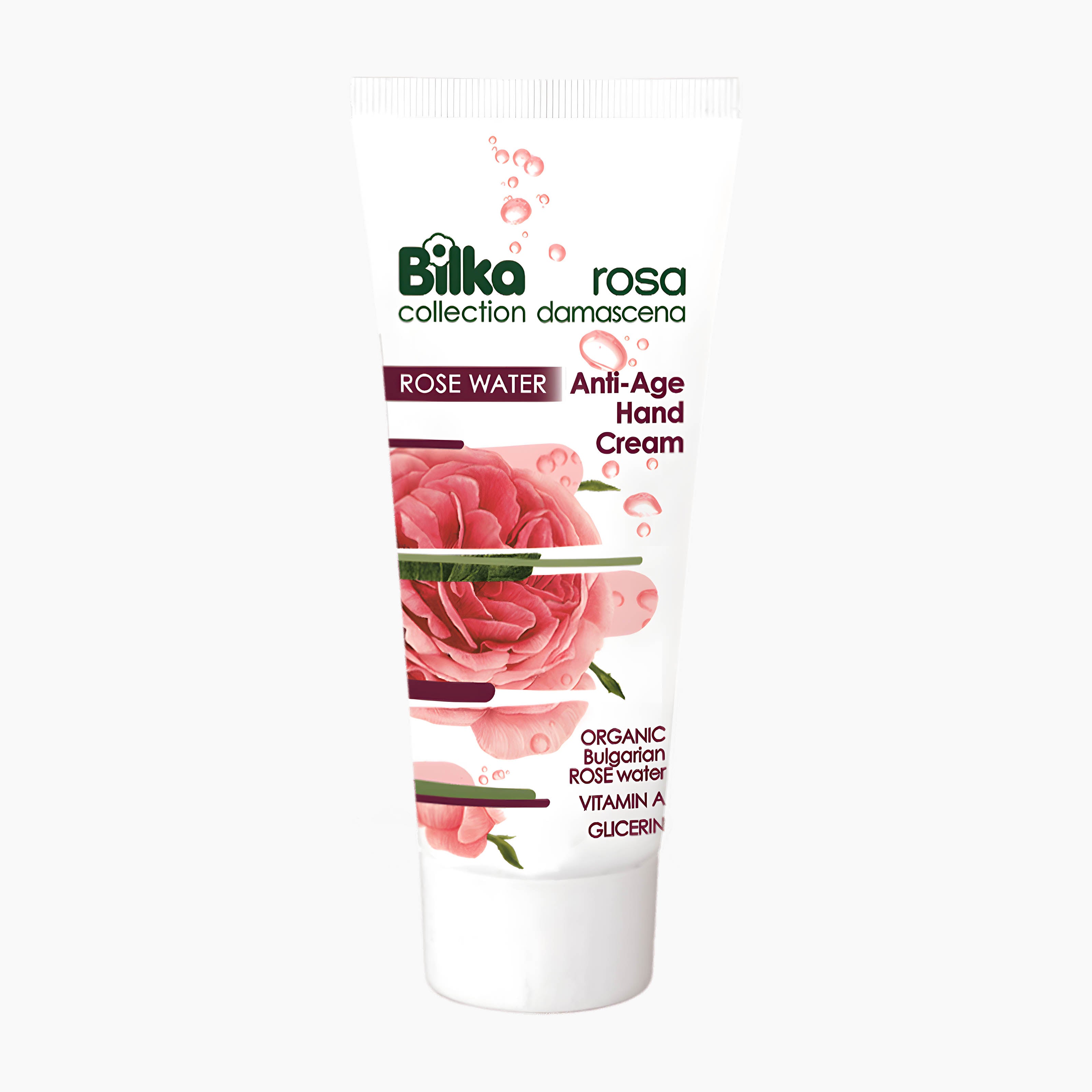 Bilka Rose Water Anti-Age Hand Cream tube on a light gray background.