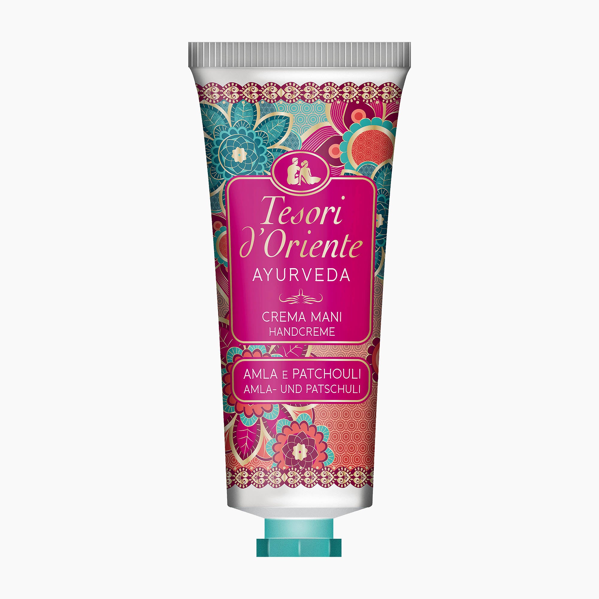 A tube of Tesori d'Oriente Ayurveda hand cream with a vibrant pink and multicolor floral pattern, set against a plain light gray background.