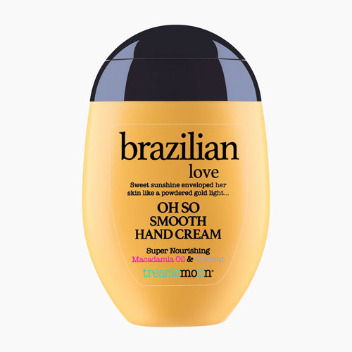 A bottle of Treaclemoon Brazilian Love Hand Cream with a bright yellow-orange body and a glossy black cap, shown against a plain white background.
