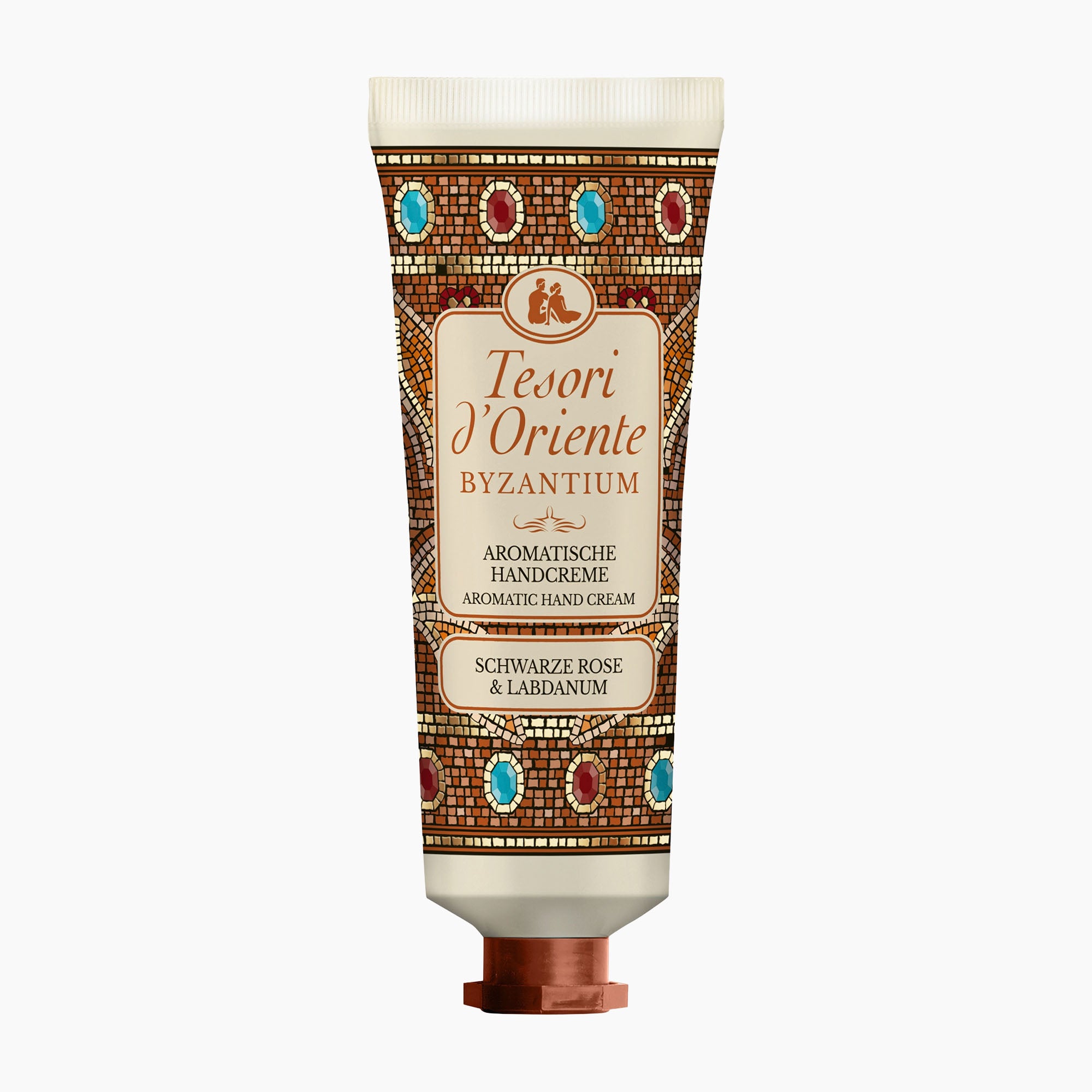 A squeeze tube of Tesori d'Oriente Byzantium aromatic hand cream, featuring a brown and gold mosaic pattern with blue and red accents, on a light gray background.