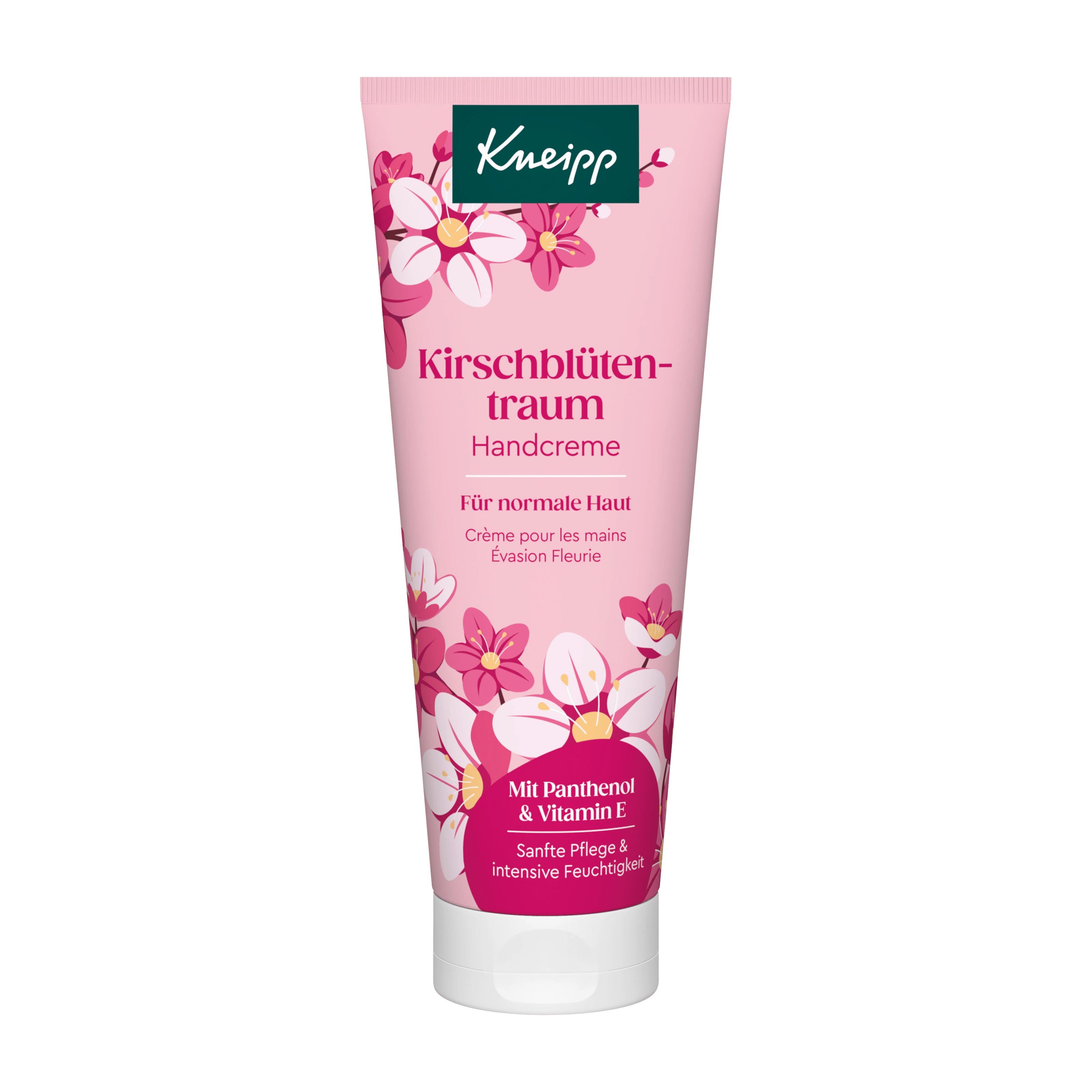 A pink squeeze tube of Kneipp Cherry Blossom Dream Hand Cream with white and pink floral illustrations, set against a plain white background.