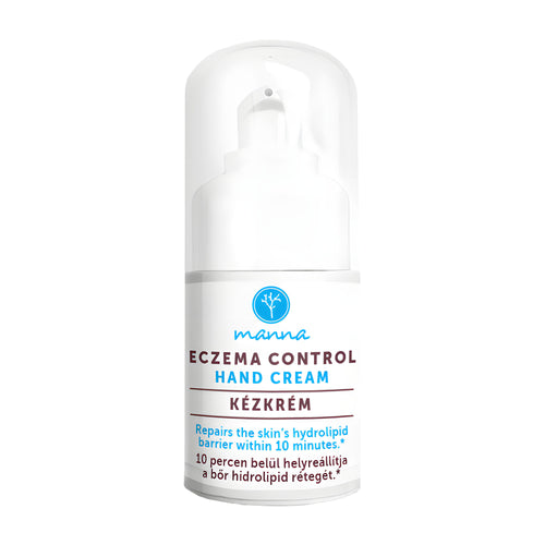Pump bottle of Manna Eczema Control Hand Cream on a white background
