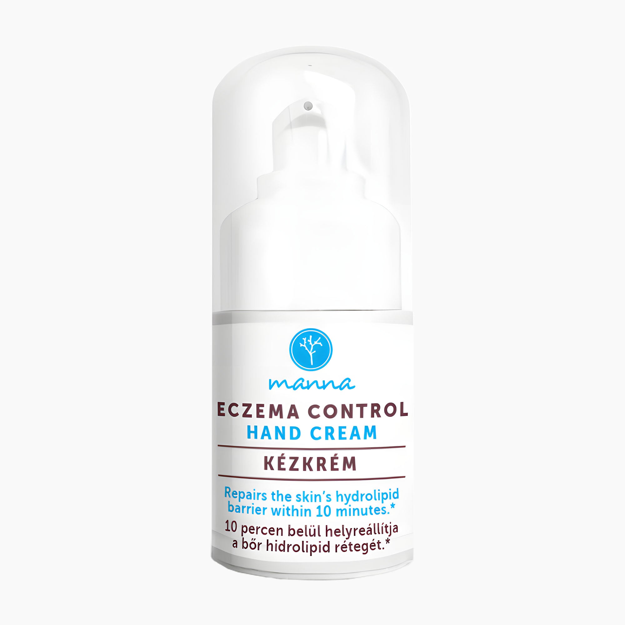 A white pump bottle of Manna Eczema Control Hand Cream with blue and brown text on a clean white background.