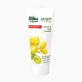 A white squeeze tube of Bilka Upgrape Grape Energy Hand & Nail Cream, featuring green grape illustrations and text, on a light gray background.