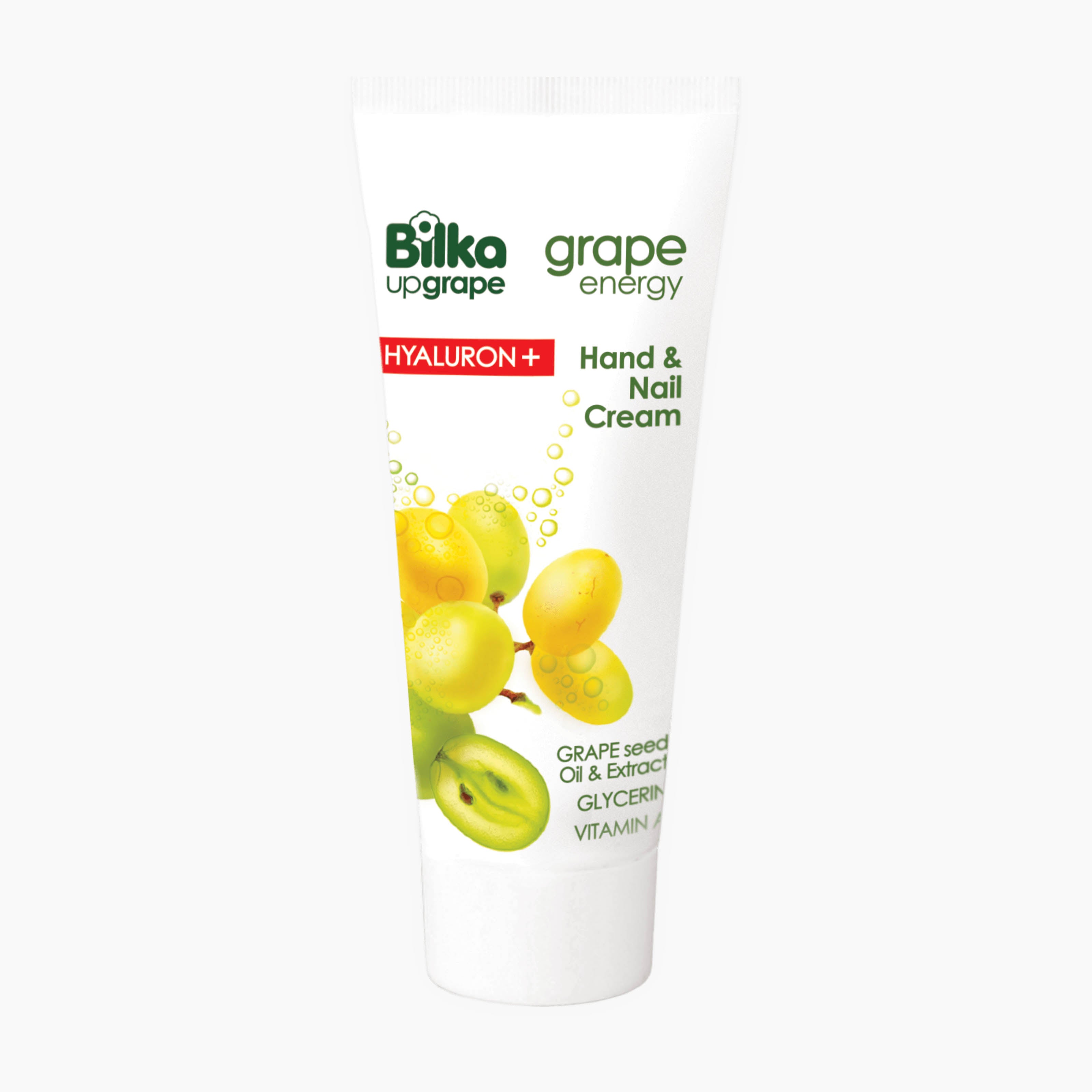 A white squeeze tube of Bilka Upgrape Grape Energy Hand & Nail Cream, featuring green grape illustrations and text, on a light gray background.