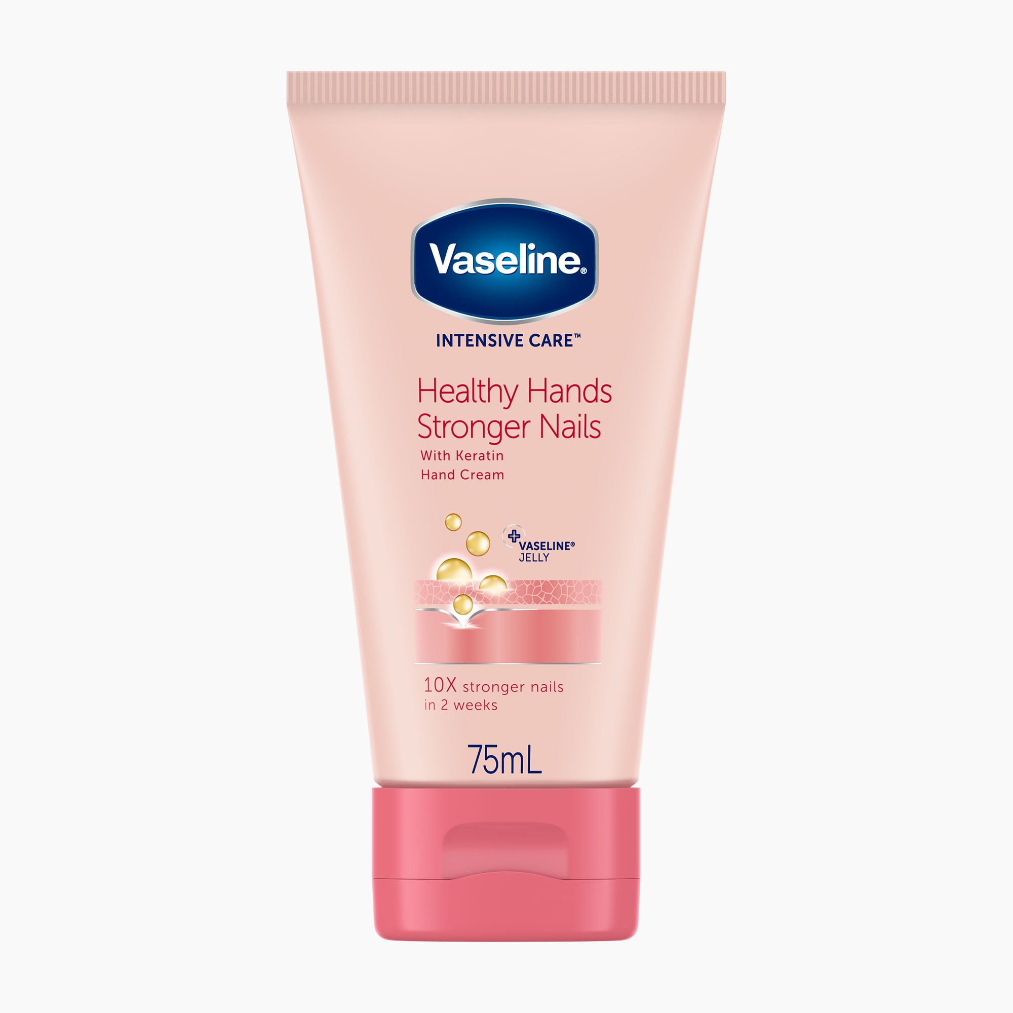 Vaseline Intensive Care Healthy Hands Stronger Nails hand cream in a 75mL squeeze tube with a pink cap, on a light gray background.