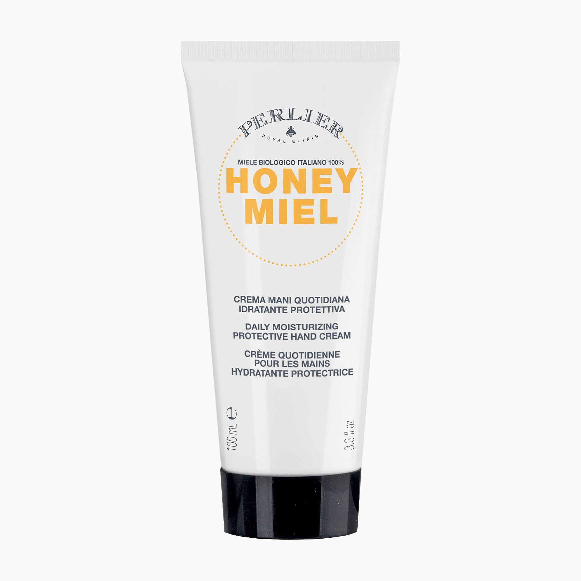 A 100 ml squeeze tube of Perlier Honey Miel Daily Moisturizing Hand Cream. The tube is white with a black cap, featuring yellow and gray text on the front, set against a clean white background.