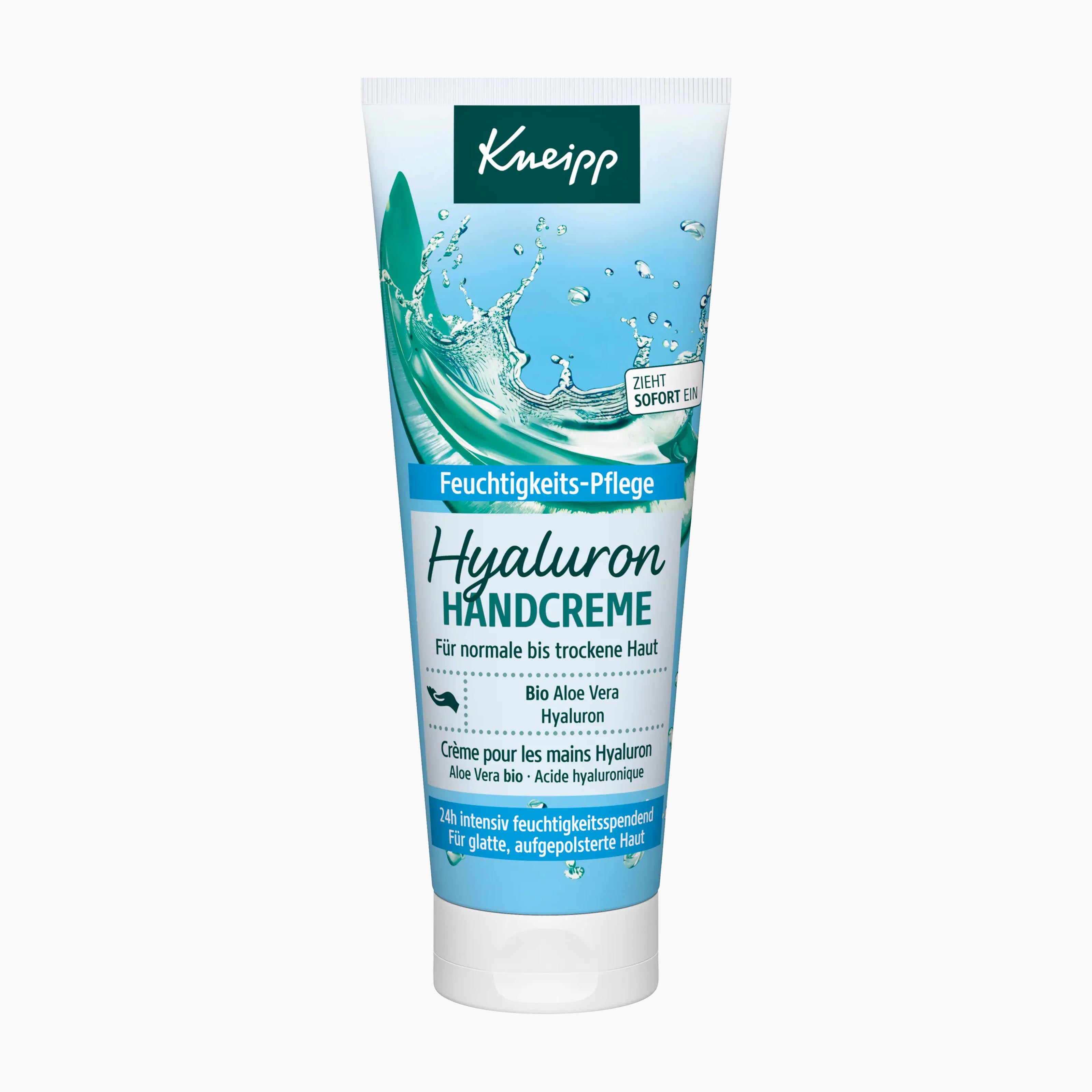 A tube of Kneipp Hyaluron Hand Cream on a solid white background. The packaging features a light blue and white design with a water splash graphic and a dark green Kneipp brand logo at the top.