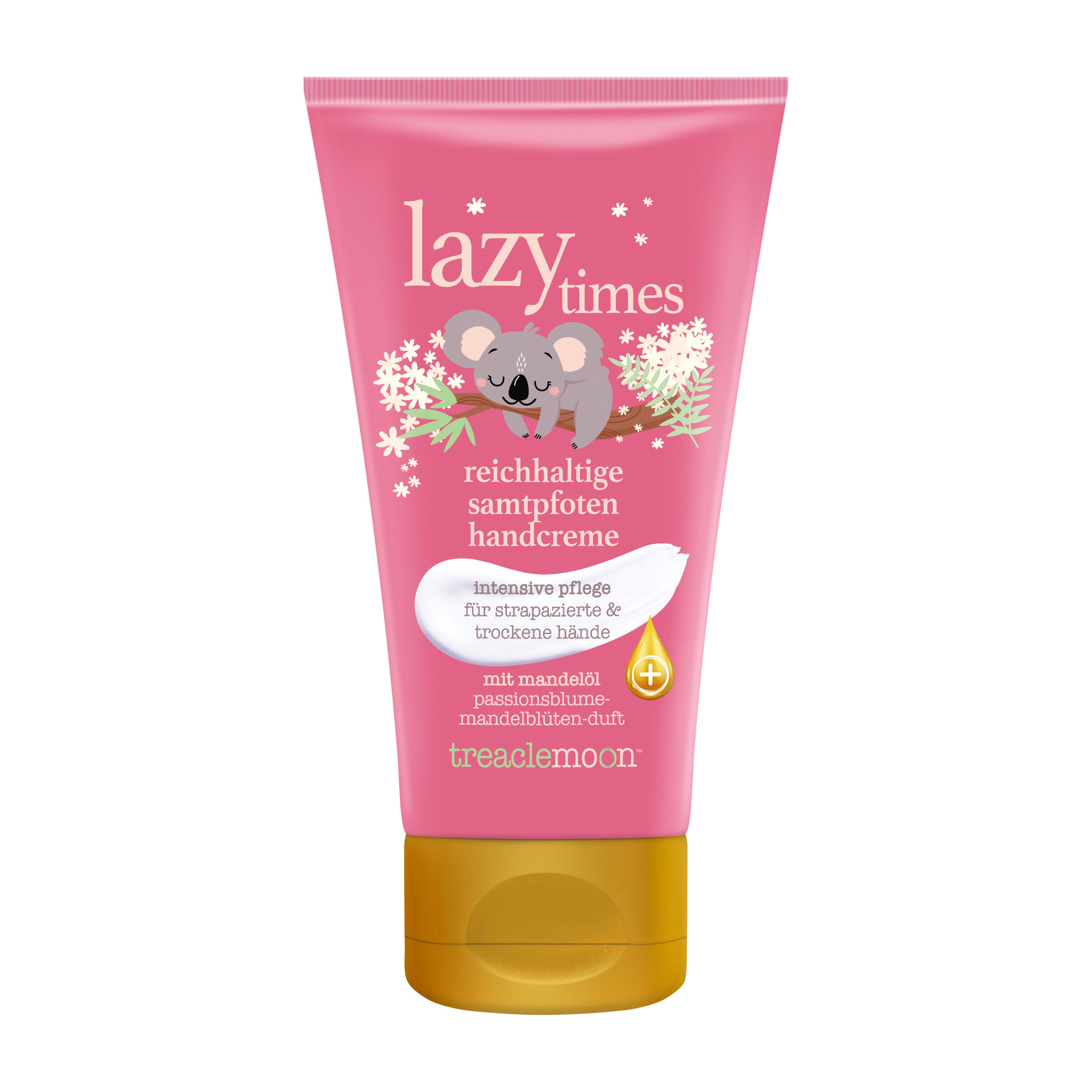Pink tube of Treaclemoon lazy times hand cream with a koala illustration on a white background