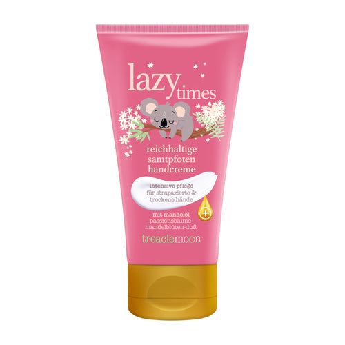 Pink tube of Treaclemoon lazy times hand cream with a koala illustration on a white background