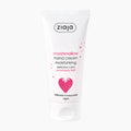 A white squeeze tube of ziaja Marshmallow Hand Cream on a clean white background. The packaging features pink and black text, a pink marshmallow heart graphic, and small pink hearts.