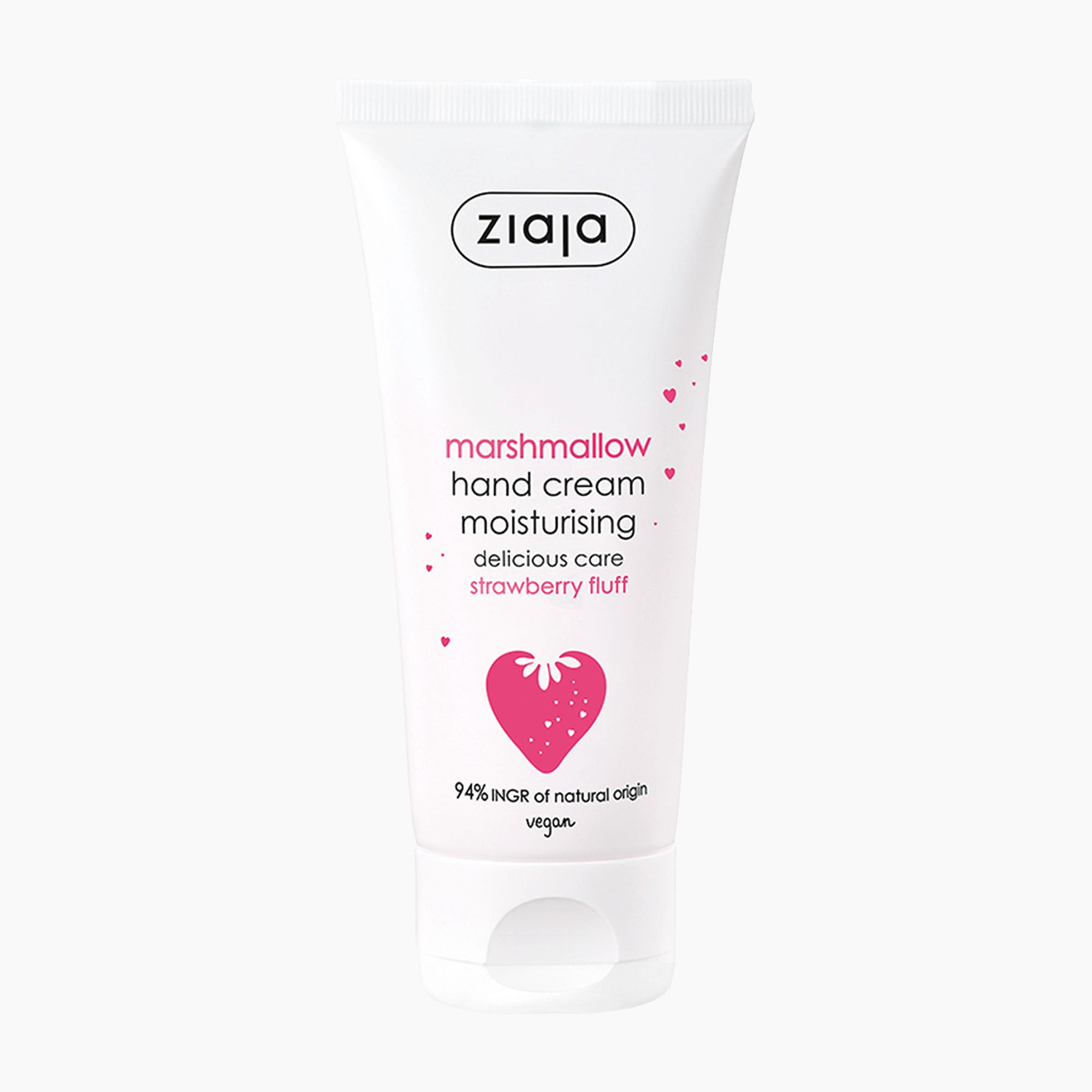 A white squeeze tube of ziaja Marshmallow Hand Cream on a clean white background. The packaging features pink and black text, a pink marshmallow heart graphic, and small pink hearts.