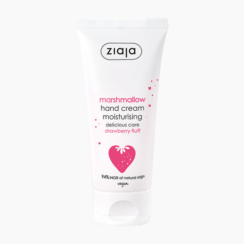 A white squeeze tube of ziaja Marshmallow Hand Cream on a clean white background. The packaging features pink and black text, a pink marshmallow heart graphic, and small pink hearts.