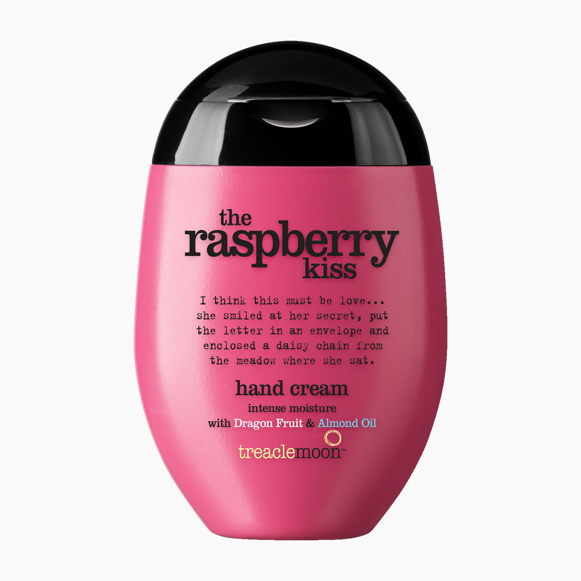 Treacle Moon 'The Raspberry Kiss' hand cream in a bright pink bottle with a glossy black cap, shown on a clean white background.