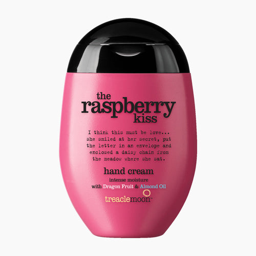 Treacle Moon 'The Raspberry Kiss' hand cream in a bright pink bottle with a glossy black cap, shown on a clean white background.