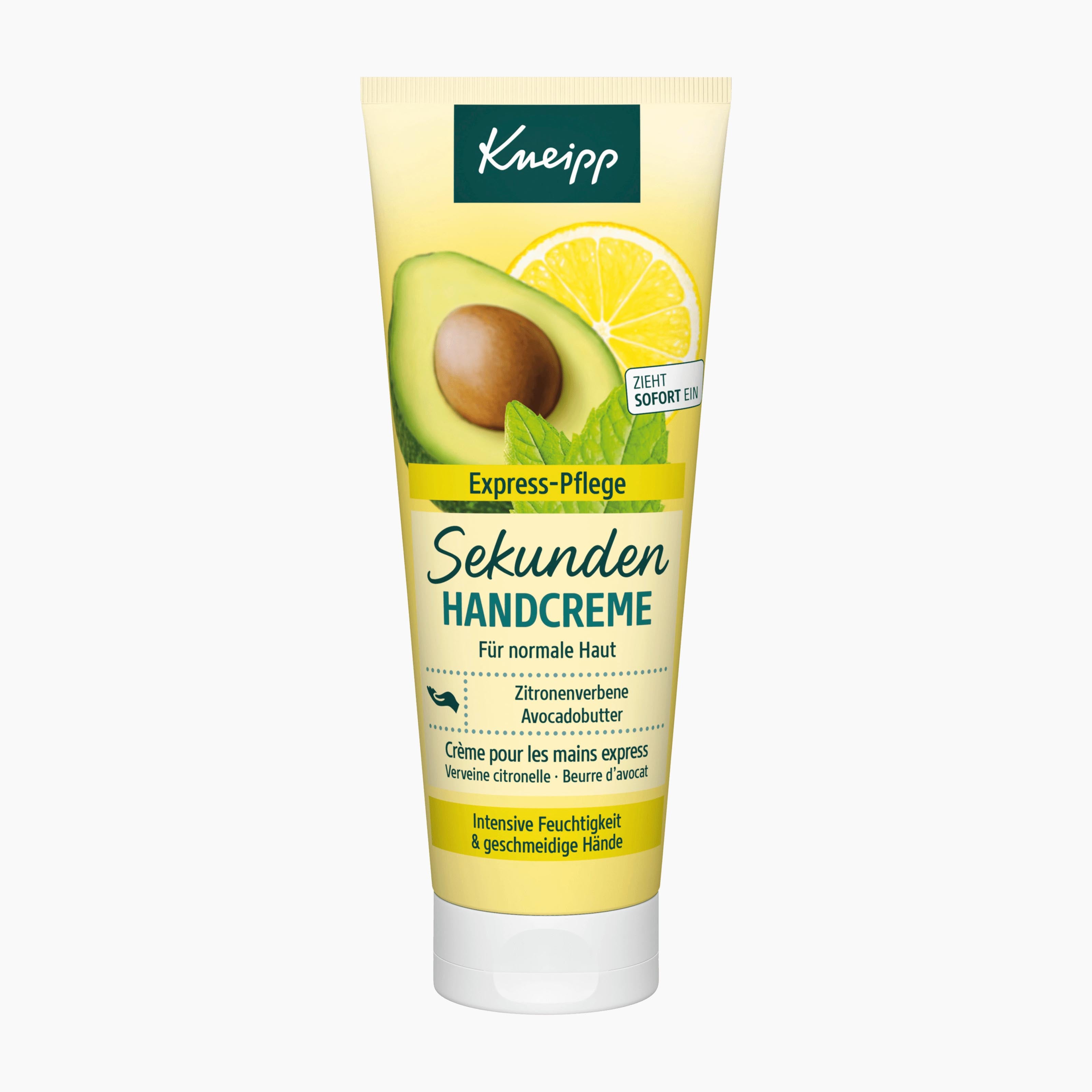 A squeeze tube of Kneipp Seconds Lemon Verbena & Avocado Butter Hand Cream with avocado and lemon graphics on a light gray background.