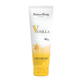 A squeeze tube of Bettina Barty Vanilla Express Hand Cream, featuring a white tube with a yellow gradient base, a yellow vanilla flower illustration, and a yellow flip-top cap, set against a plain white background.