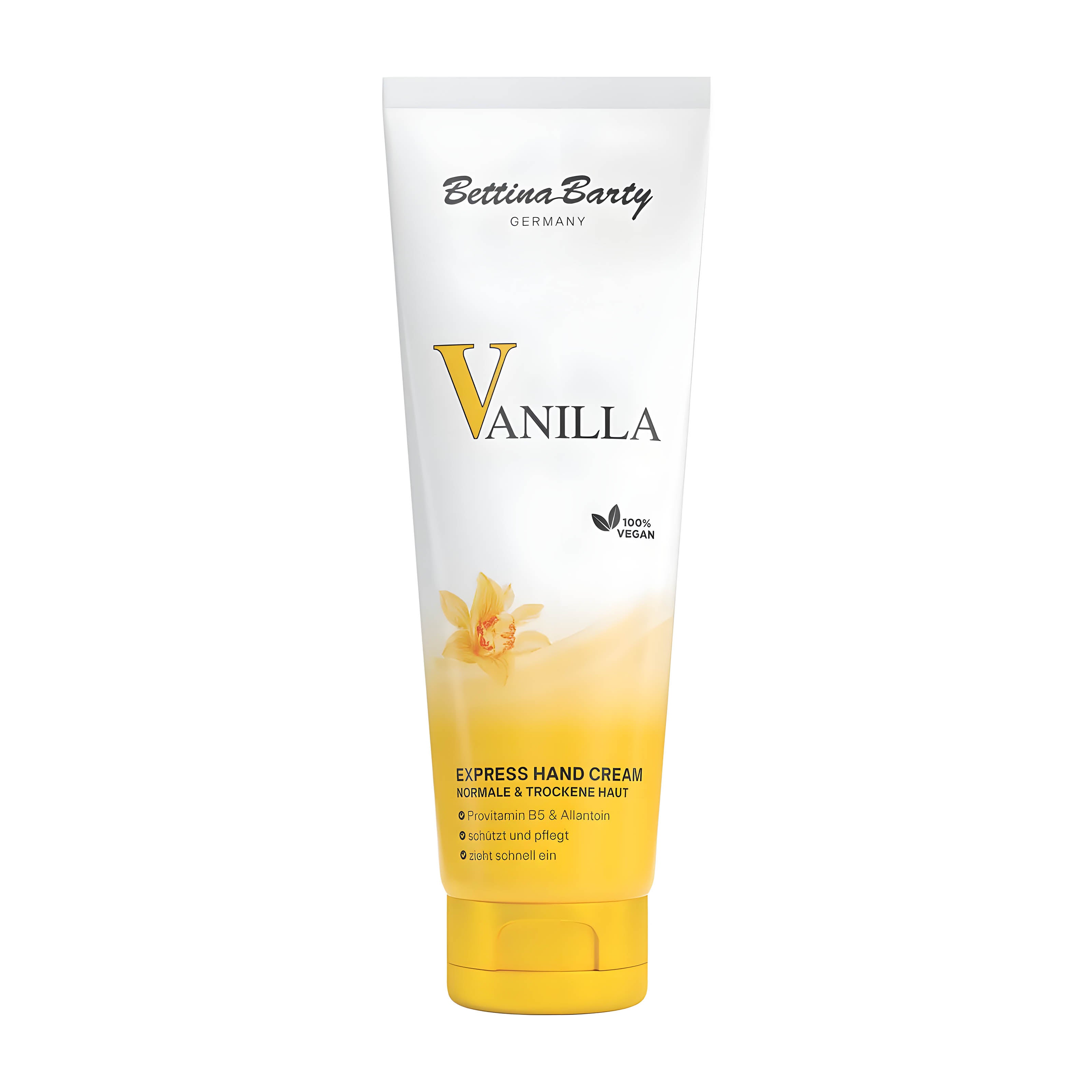 A squeeze tube of Bettina Barty Vanilla Express Hand Cream, featuring a white tube with a yellow gradient base, a yellow vanilla flower illustration, and a yellow flip-top cap, set against a plain white background.