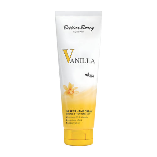 A squeeze tube of Bettina Barty Vanilla Express Hand Cream, featuring a white tube with a yellow gradient base, a yellow vanilla flower illustration, and a yellow flip-top cap, set against a plain white background.