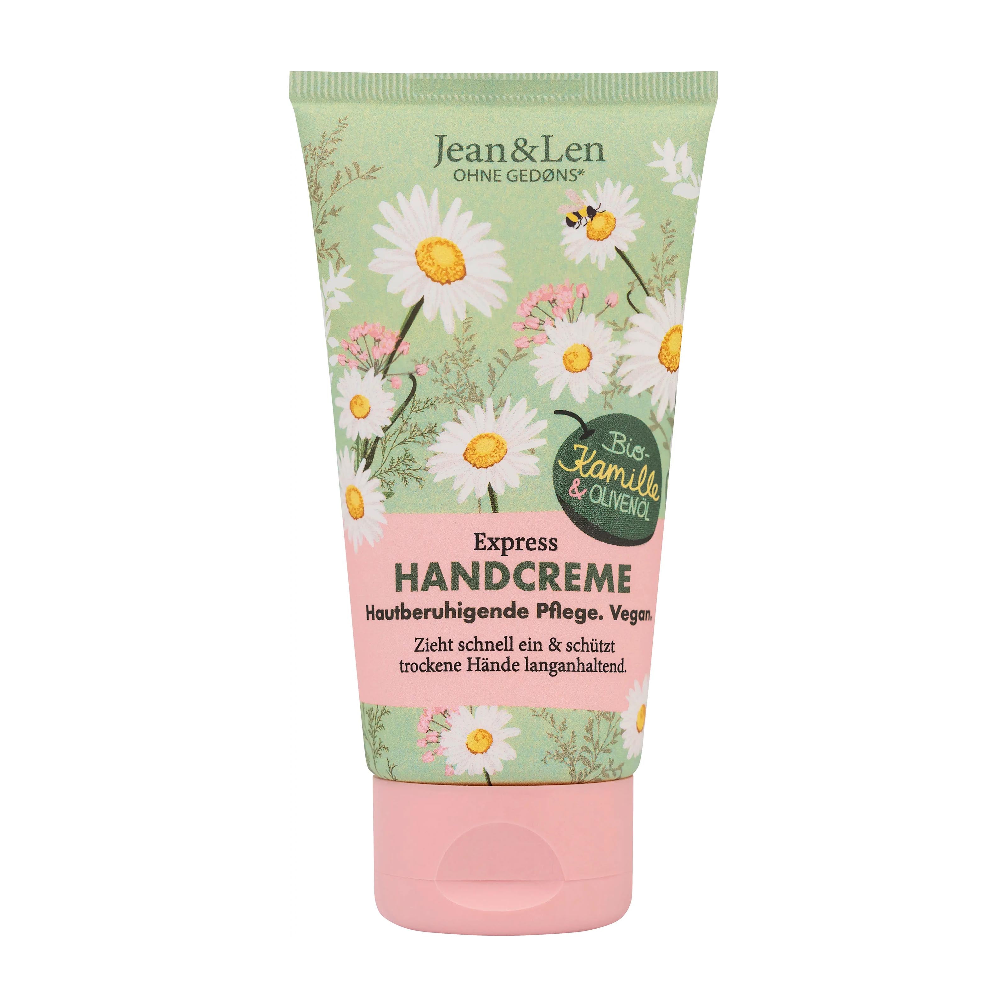 Jean & Len Express Hand Cream tube with a chamomile pattern and a pink cap, on a white background.