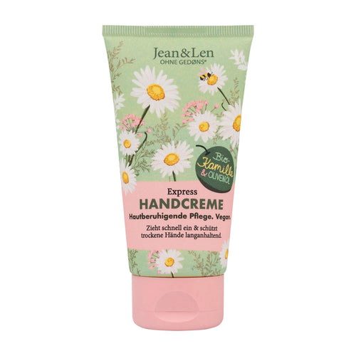 Jean & Len Express Hand Cream tube with a chamomile pattern and a pink cap, on a white background.