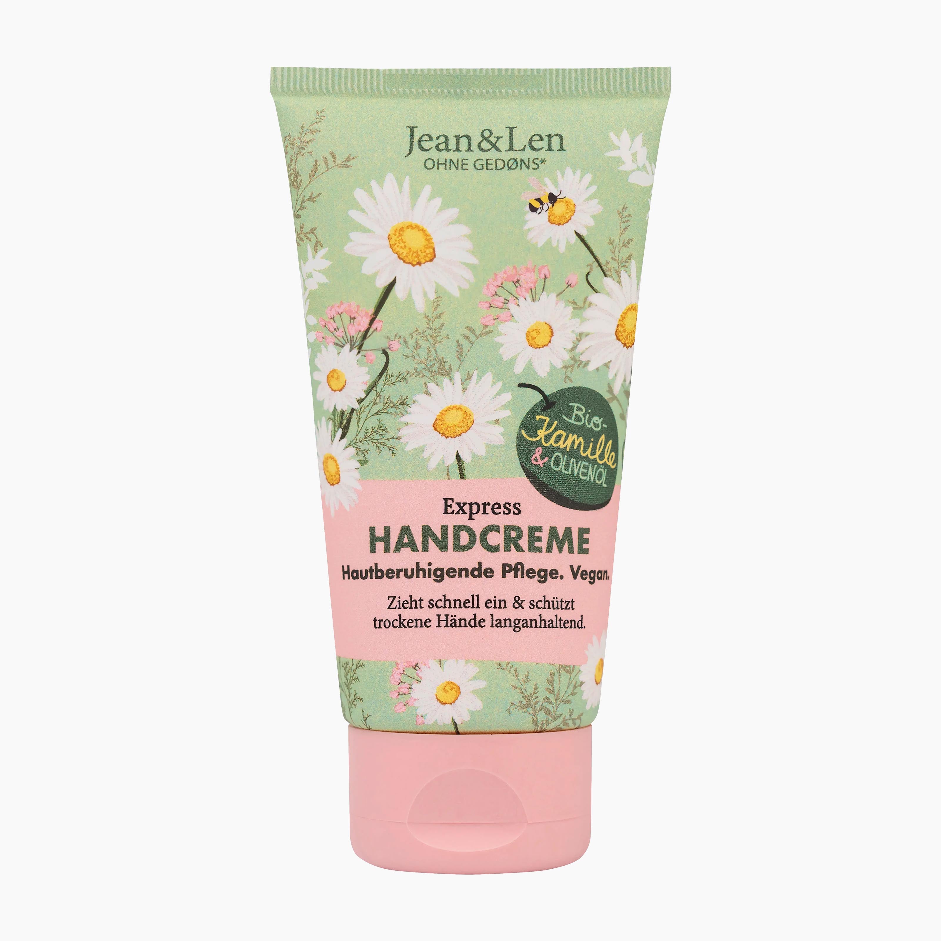 Jean & Len Express Chamomile & Olive Oil Hand Cream tube with a light green background decorated with white daisies, yellow centers, and a pink lower section on a light gray background.