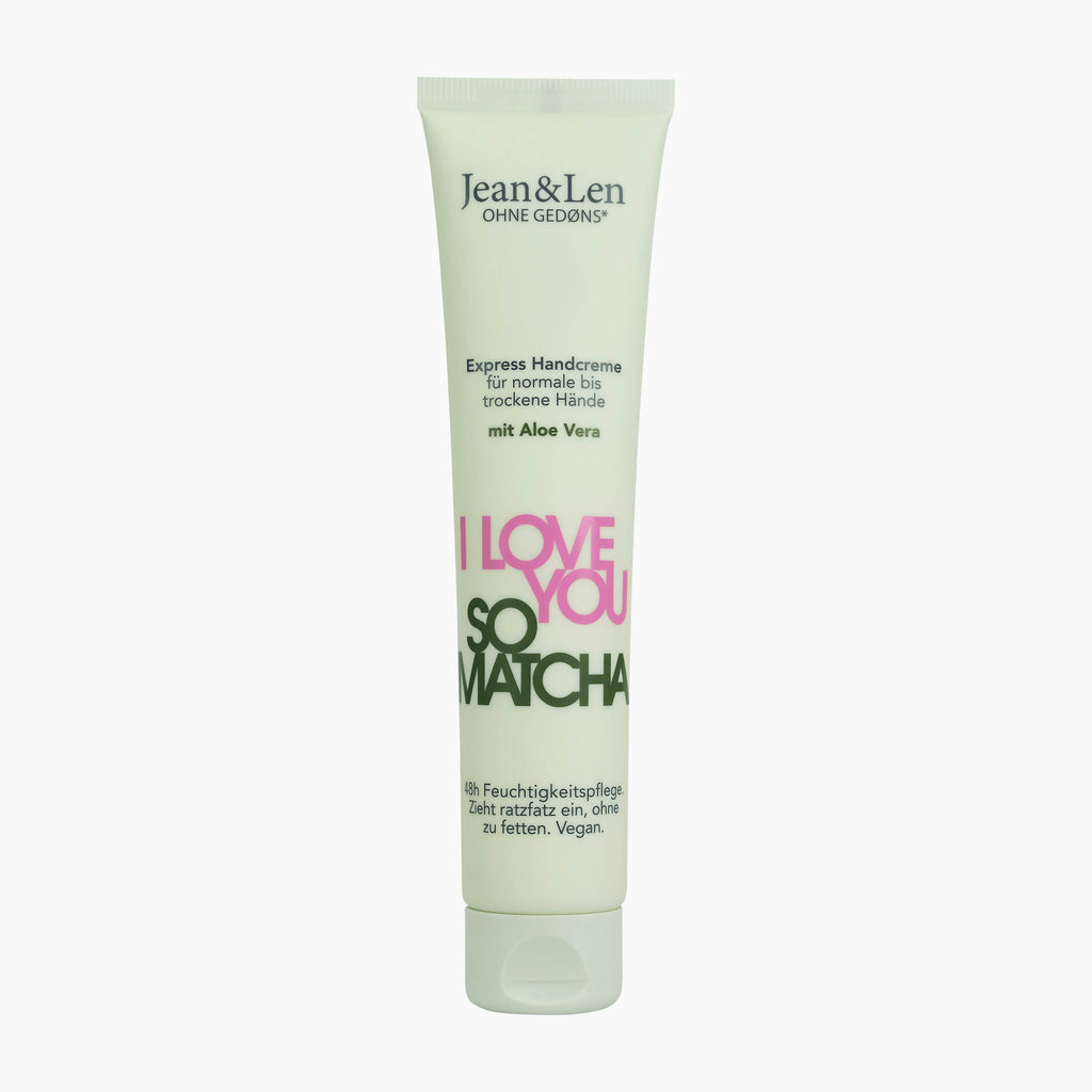 Jean & Len I Love You So Matcha Express Hand Cream in a light green squeeze tube with pink and green text, on a white background.