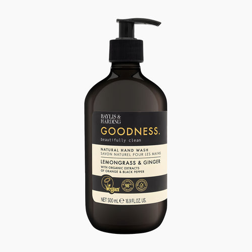 A 500 mL pump bottle of Baylis & Harding Goodness Lemongrass & Ginger natural hand wash, shown on a clean white background.