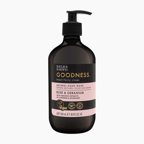 A 500 mL pump bottle of Baylis & Harding Goodness Rose & Geranium natural hand wash, shown on a clean white background.