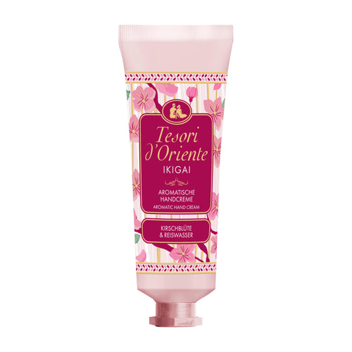 A squeeze tube of Tesori d'Oriente Ikigai Aromatic Hand Cream on a white background.