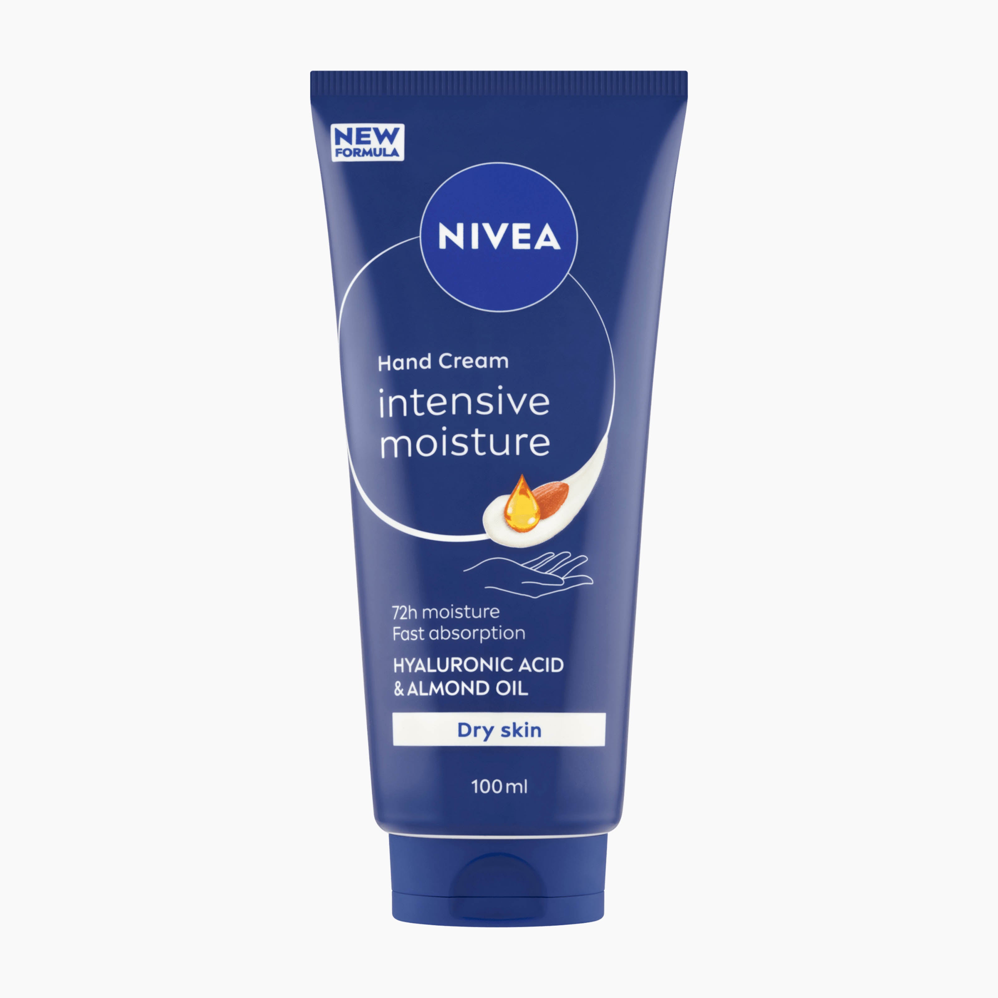 Nivea Intensive Moisture Hand Cream in a 100ml dark blue squeeze tube, shown against a plain light gray background.