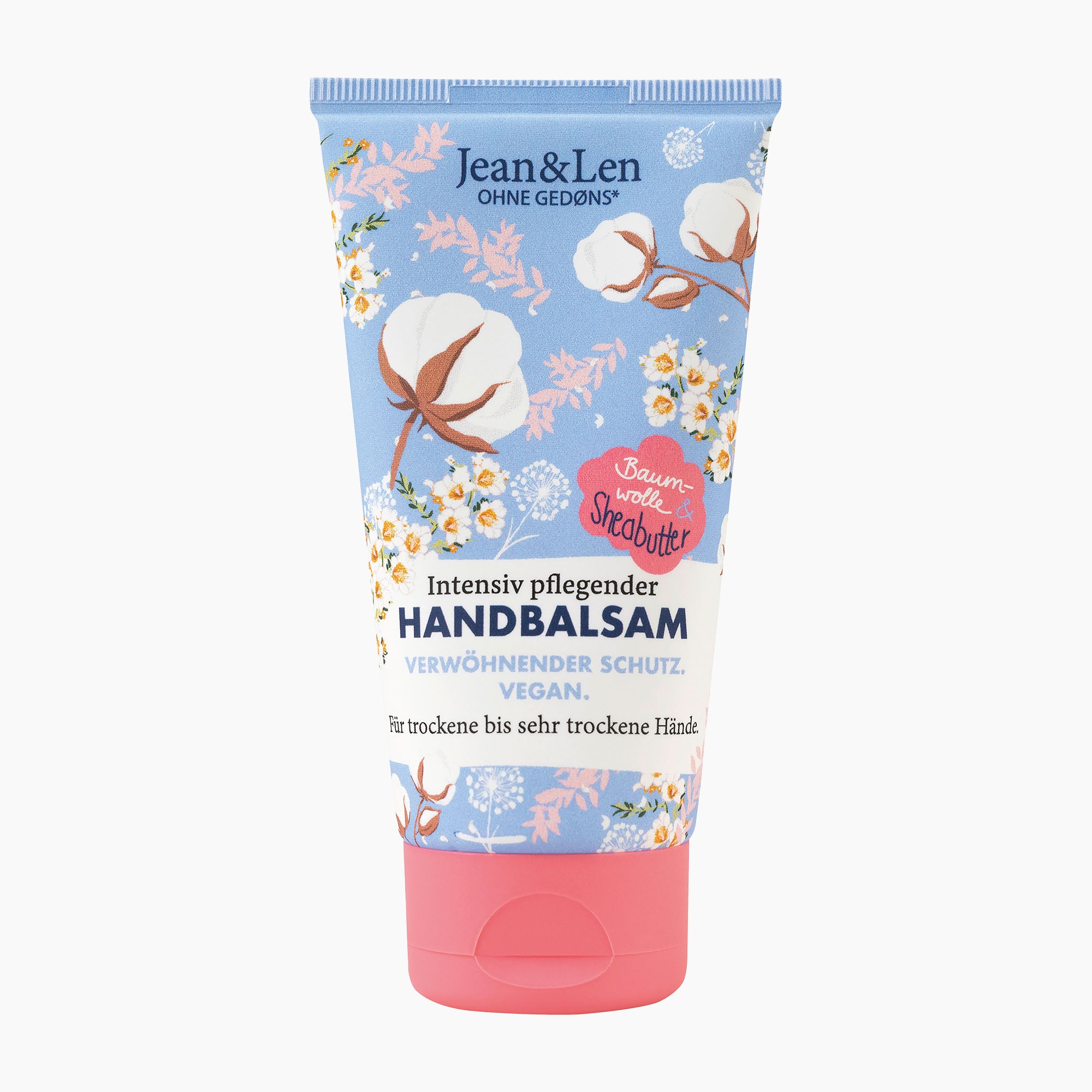 Jean & Len Cotton & Shea Butter Hand Balm tube with a light blue and white design decorated with cotton boll illustrations, and a pink flip-top cap.