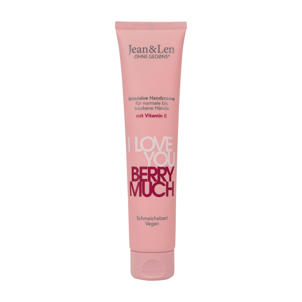 Pink tube of Jean&Len I Love You Berry Much intensive hand cream on a white background