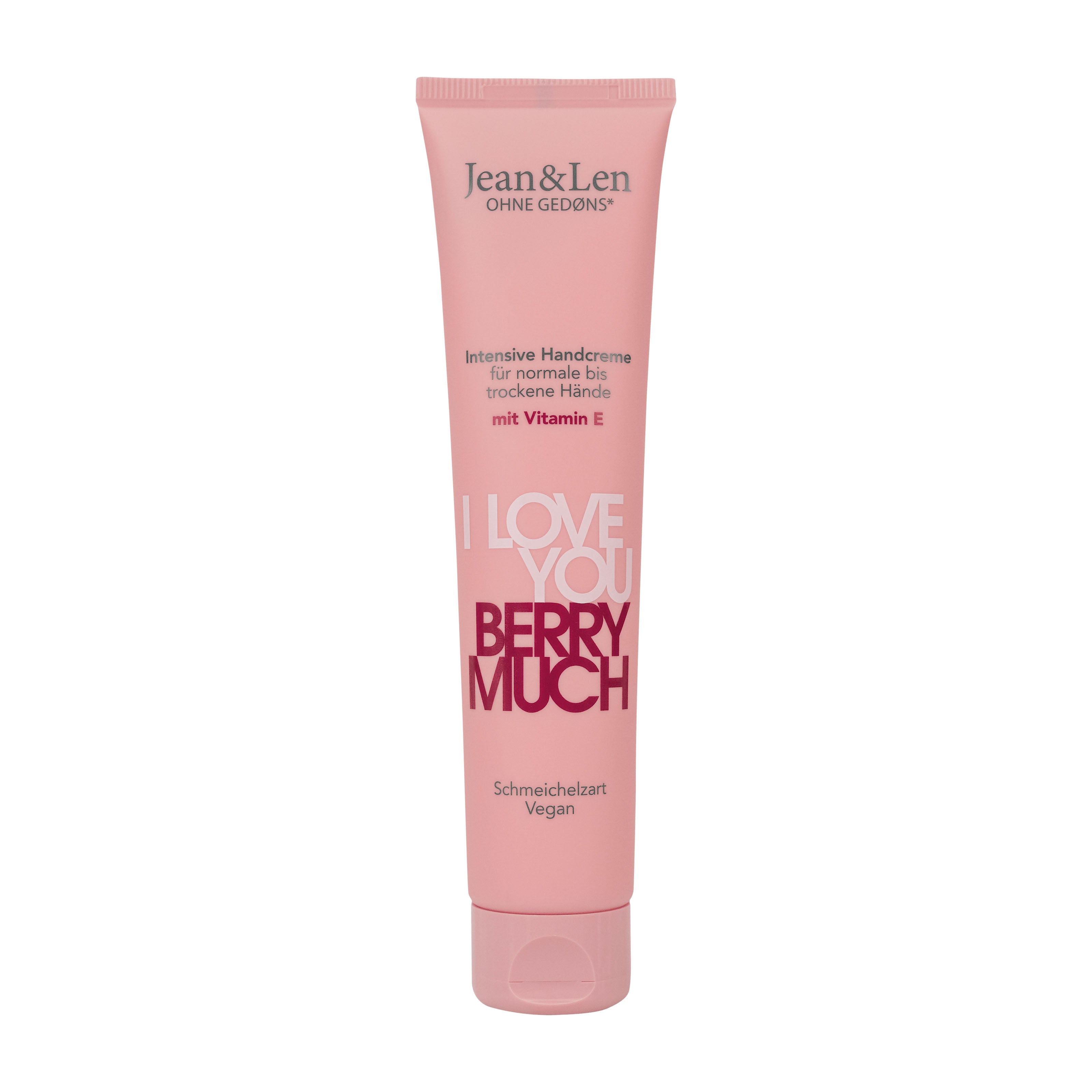 Pink tube of Jean&Len I Love You Berry Much intensive hand cream on a white background