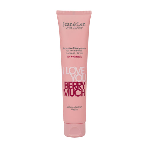 Pink tube of Jean&Len I Love You Berry Much intensive hand cream on a white background