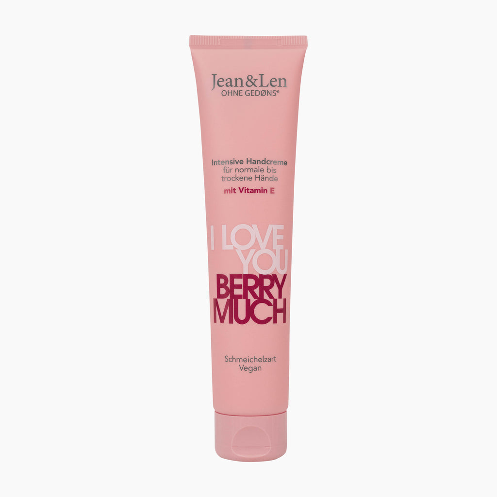 A pink squeeze tube of Jean & Len 'I Love You Berry Much' intensive hand care, shown on a clean white background.