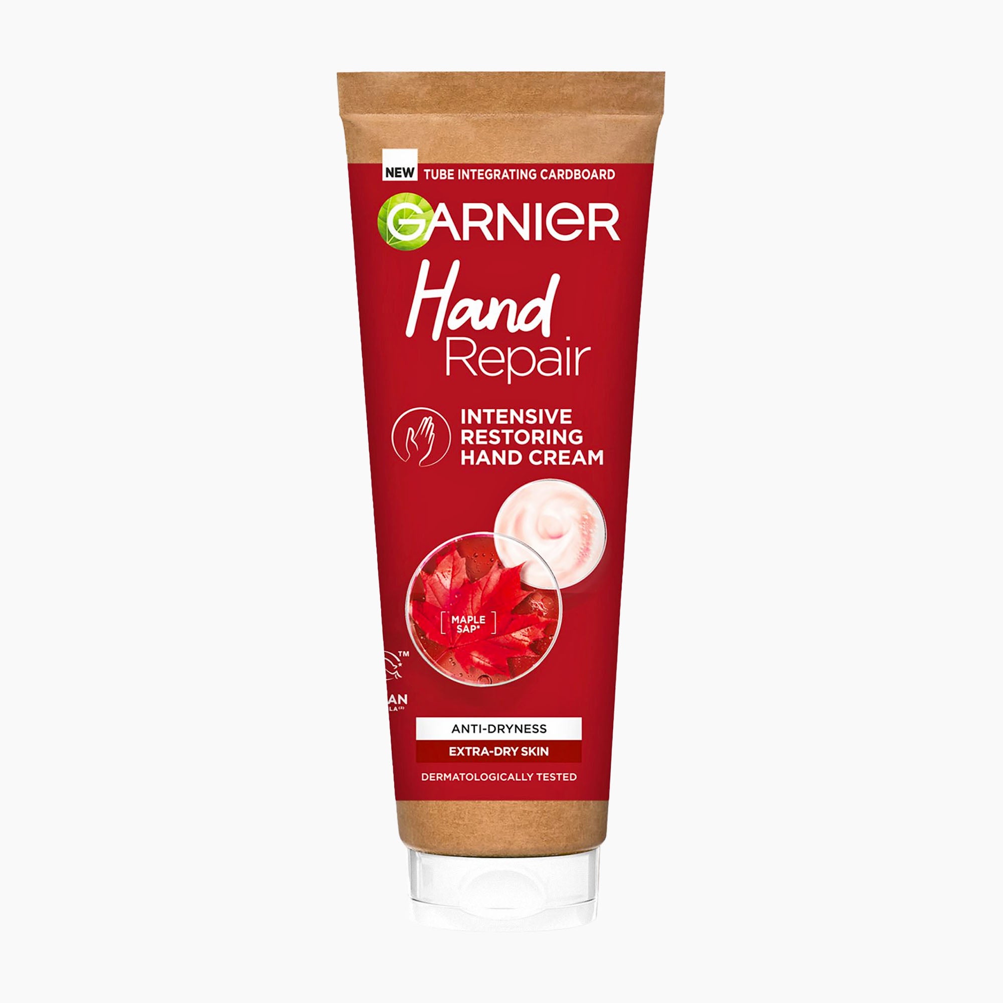 Garnier Hand Repair Intensive Restoring Hand Cream in a red squeeze tube with brown cardboard-like top and bottom, shown on a light gray background.