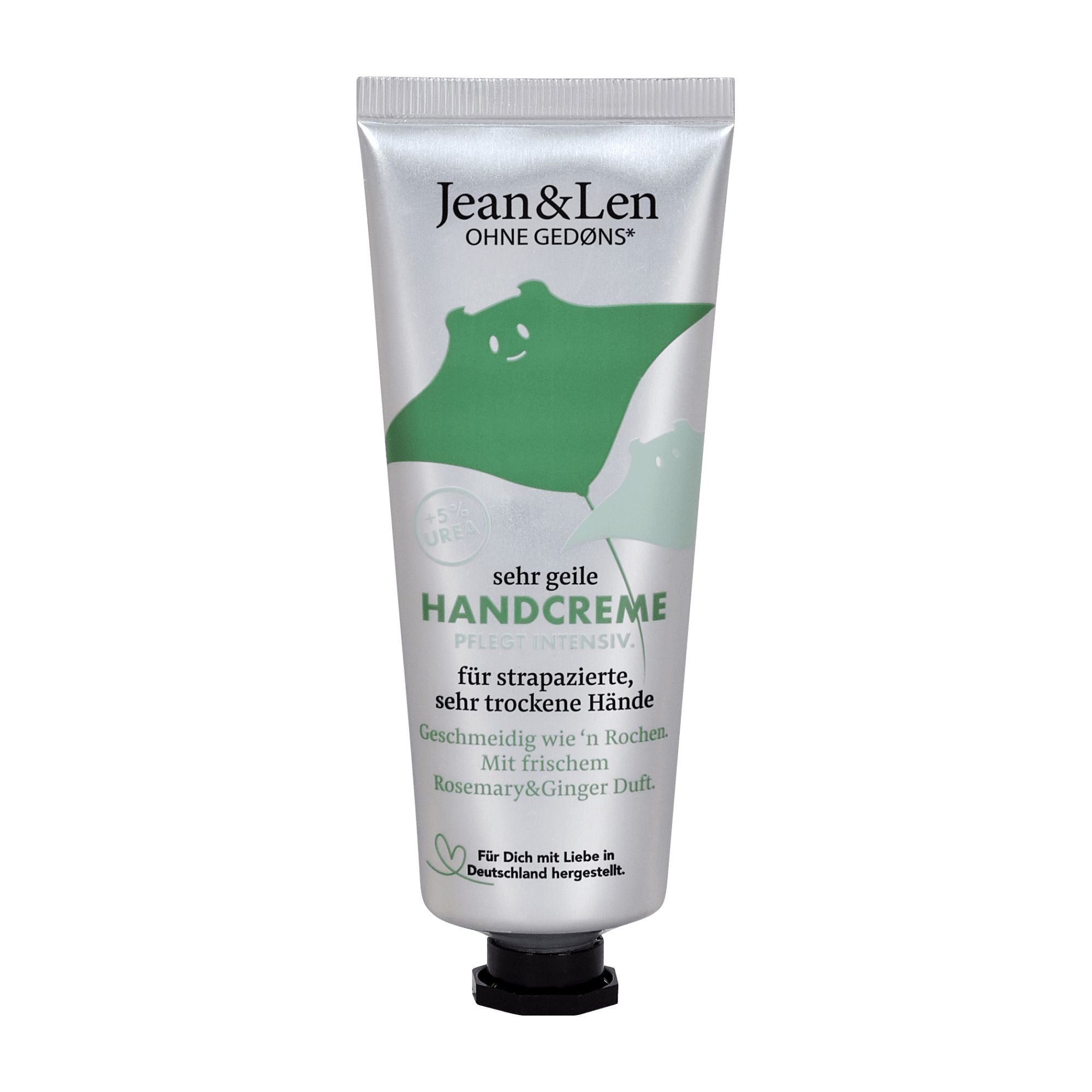 Tube of Jean&Len Rosemary & Ginger Intensive hand cream with green and silver design