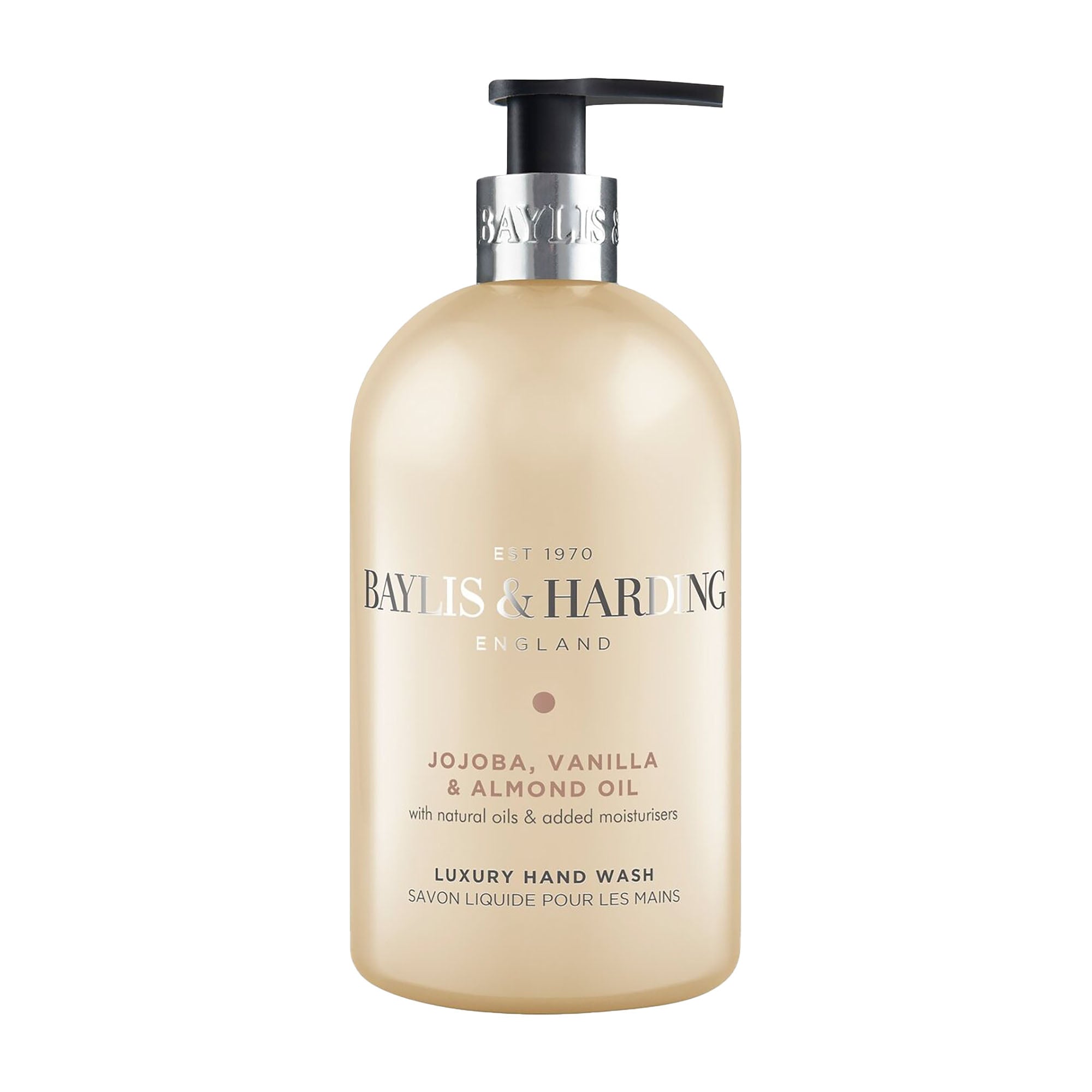 Baylis & Harding Jojoba, Vanilla & Almond Oil luxury hand wash in a gold-colored bottle with a pump dispenser.