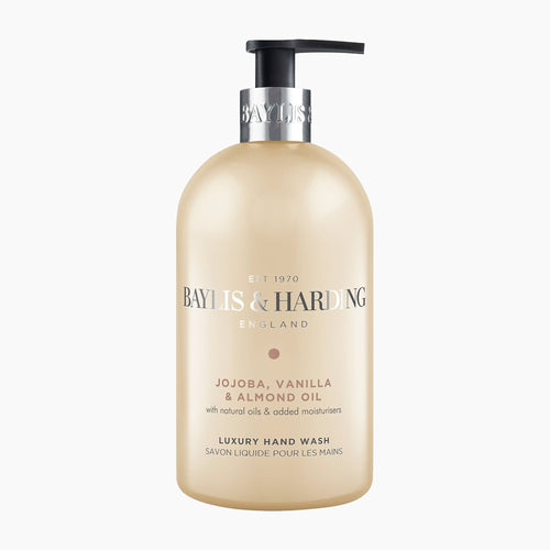Baylis & Harding Luxury Hand Wash in a frosted beige pump bottle with Jojoba, Vanilla & Almond Oil, on a light gray background.