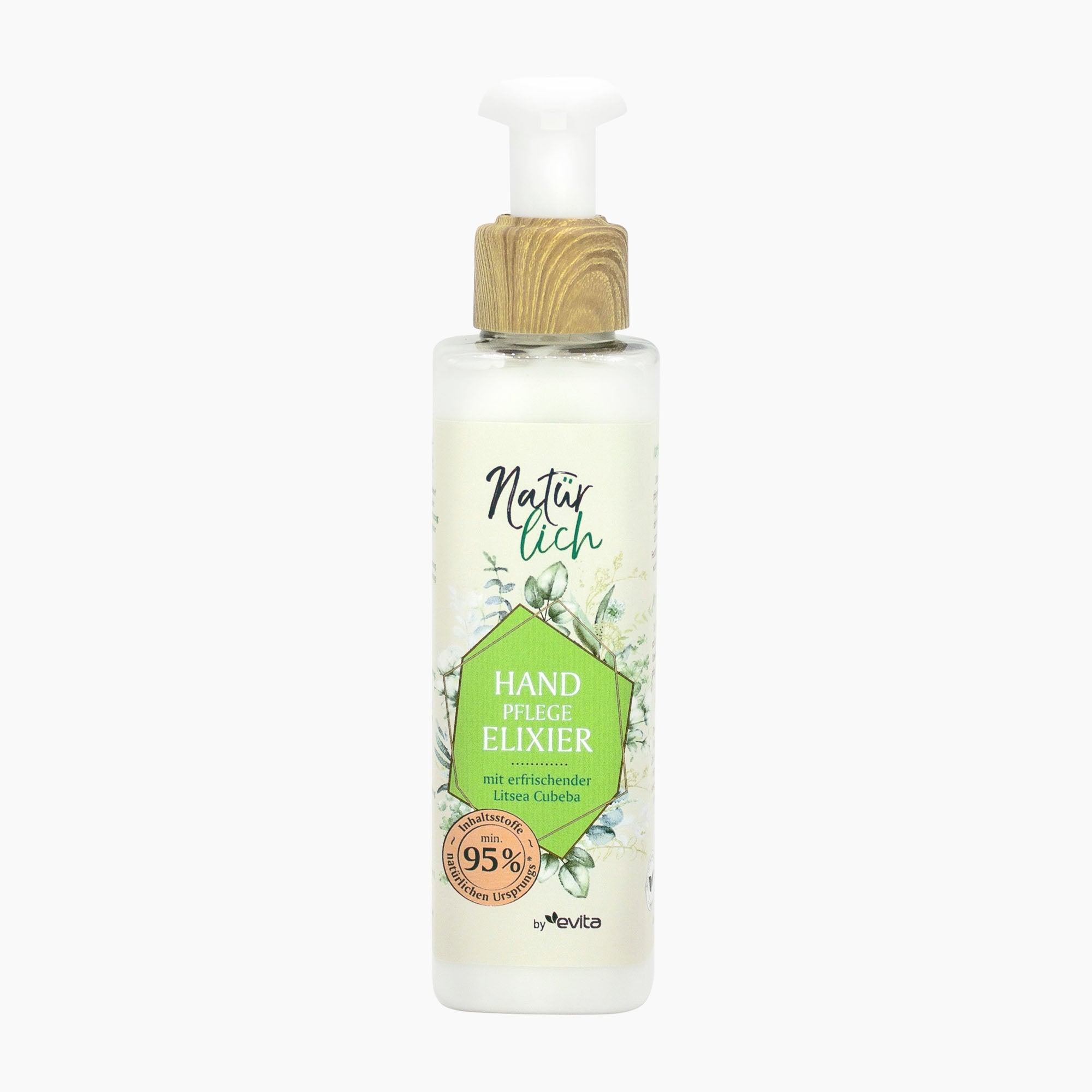 A bottle of Natürlich by evita Litsea Cubeba Hand care elixir with a white pump, a light wood-grain collar, and a green and white label, shown on a solid white background.
