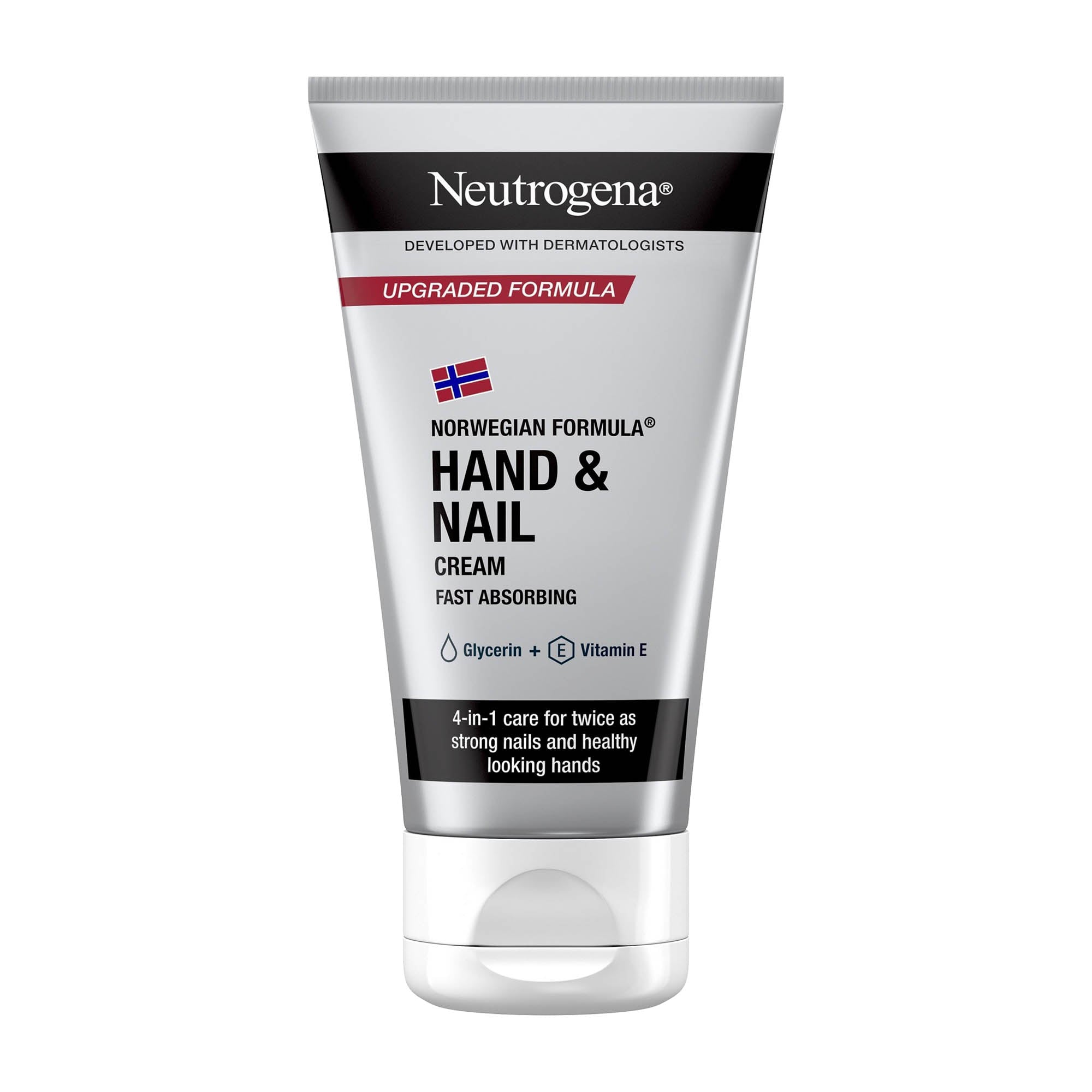 Neutrogena Fast Absorbing Hand & Nail Cream in a tube, with text highlighting moisture, protection, and smoothness.