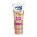Tube of Handsan Hand & Nail hand cream with argan oil, with branding and product information displayed on the packaging.