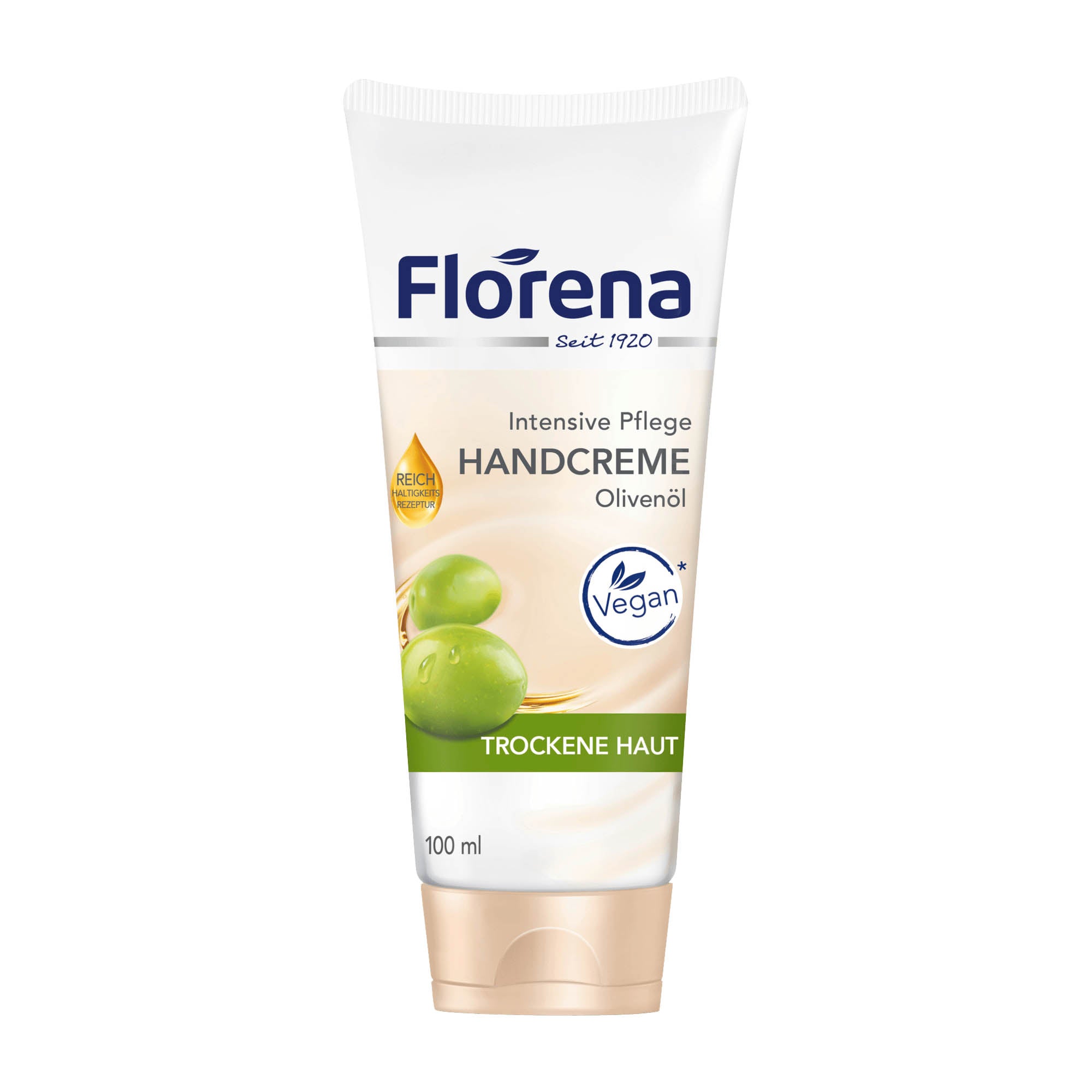 A tube of Florena Intensive Care olive oil hand cream with a capacity of 100 mL. The packaging is predominantly white with green and yellow accents, featuring the product name and the Florena logo.