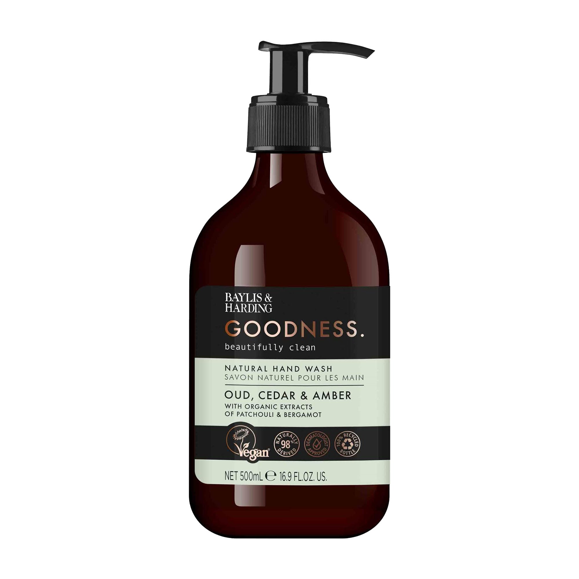 Baylis & Harding Oud, Cedar & Amber natural hand wash in a 500 mL brown bottle with a pump dispenser, labeled with the brand's logo and product information.