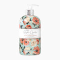 A bottle of Baylis & Harding Royale Garden Peony, Peach & Jasmine luxury hand wash with a floral pattern on a light gray background. The bottle features a mint green base with peach, pink, and orange flowers, a white label, and a silver pump dispenser.