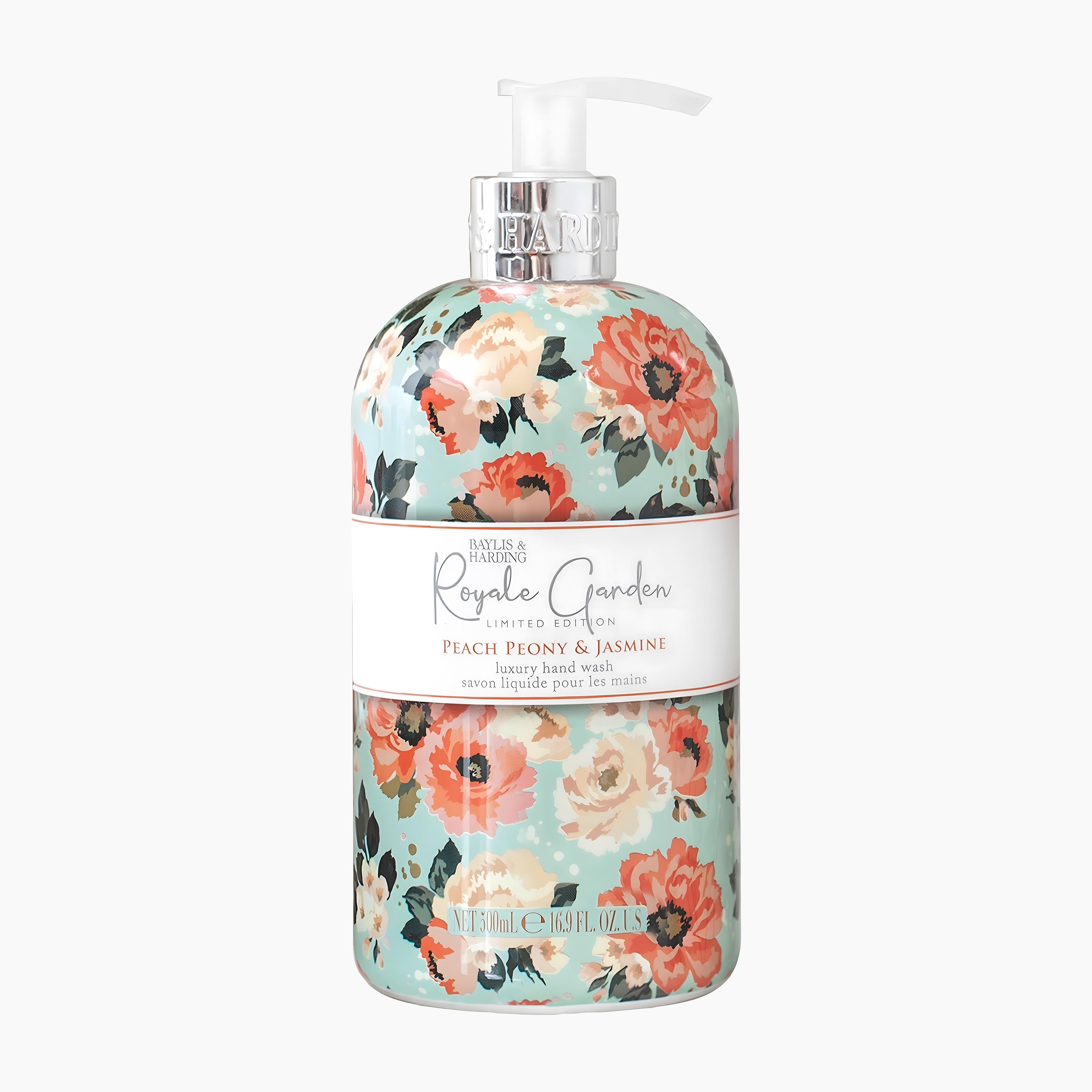 A bottle of Baylis & Harding Royale Garden Peony, Peach & Jasmine luxury hand wash with a floral pattern on a light gray background. The bottle features a mint green base with peach, pink, and orange flowers, a white label, and a silver pump dispenser.